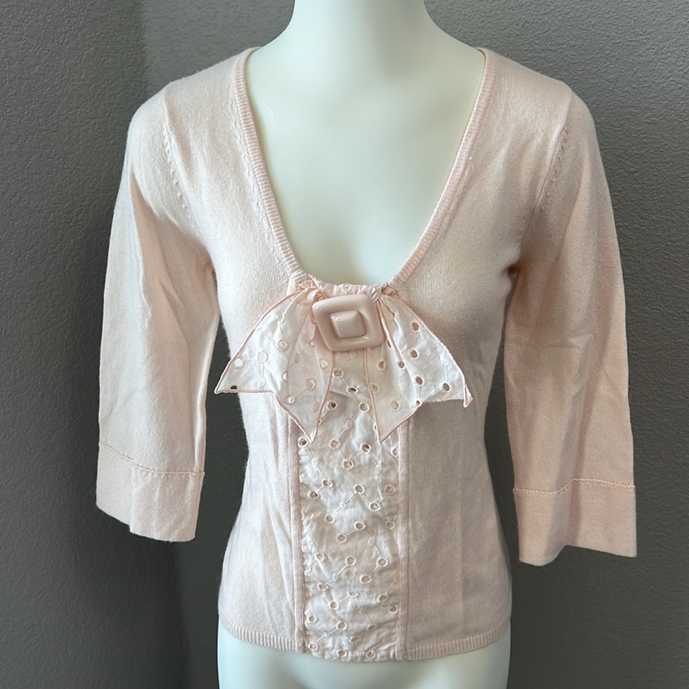 Field Flower Anthropologie Low Neck 1/4 Sleeve Eyelet Bow Detail Wool Blend Top